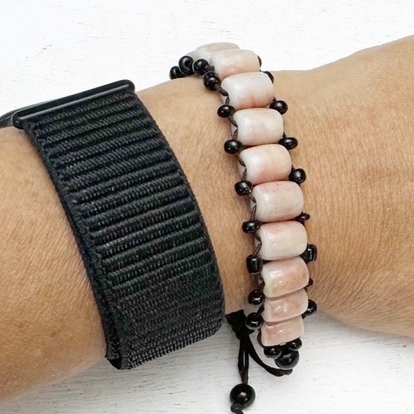 Jewelry - Barrel Shaped Bone Beads Bracelet with Black Rope & Tiny Black Beads Adjustable